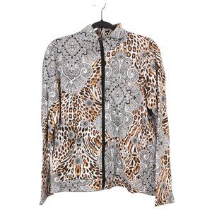 Onque Casuals Leopard Paisley Jacket L Womens Full Zip Pockets Black White Brown